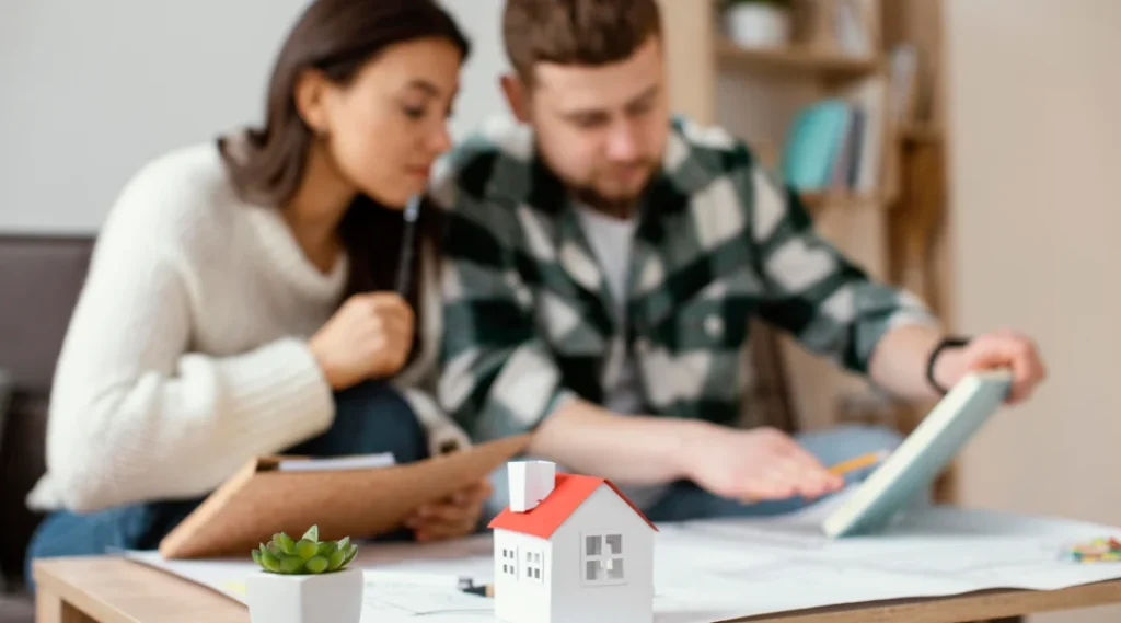 Un couple examine un modèle de maison, discutant des prix et des caractéristiques de la propriété.