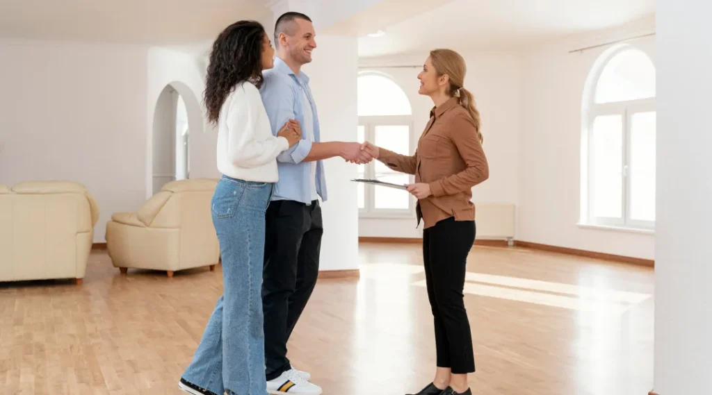 Un couple se serre la main dans un salon, symbolisant un accord pour une évaluation immobilière.