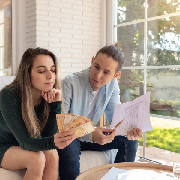 Un homme et une femme assis sur un canapé, examinant des documents ensemble.