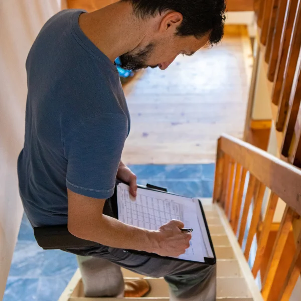 Un homme assis sur un escalier, tenant un clipboard, semble faire des estimations pour une maison.
